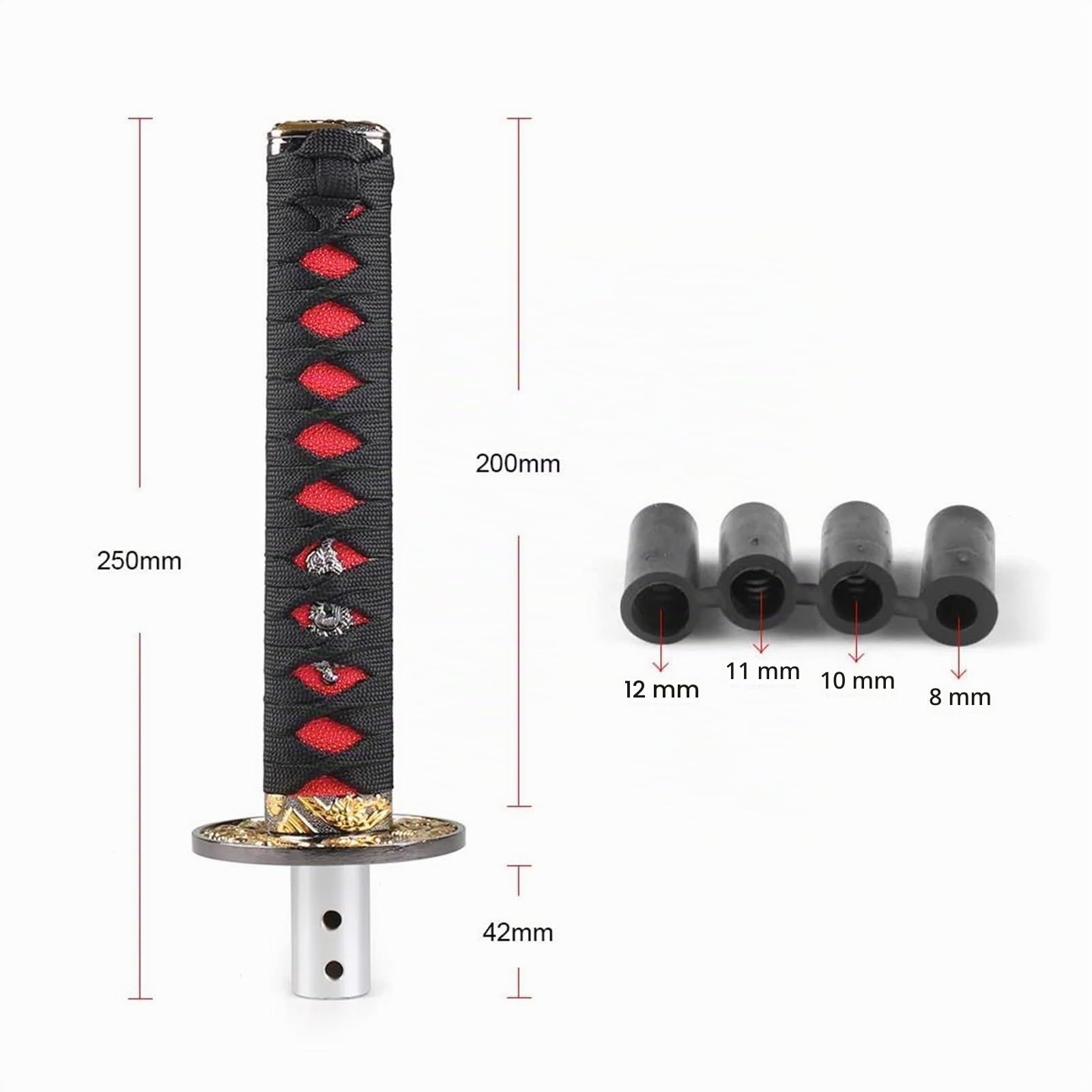 Pommeau Levier Vitesse Universel Katana Samurai Sword 200MM Avec Couvercle Anti-poussière Colliers Avec 4 Adaptateurs(Wit)