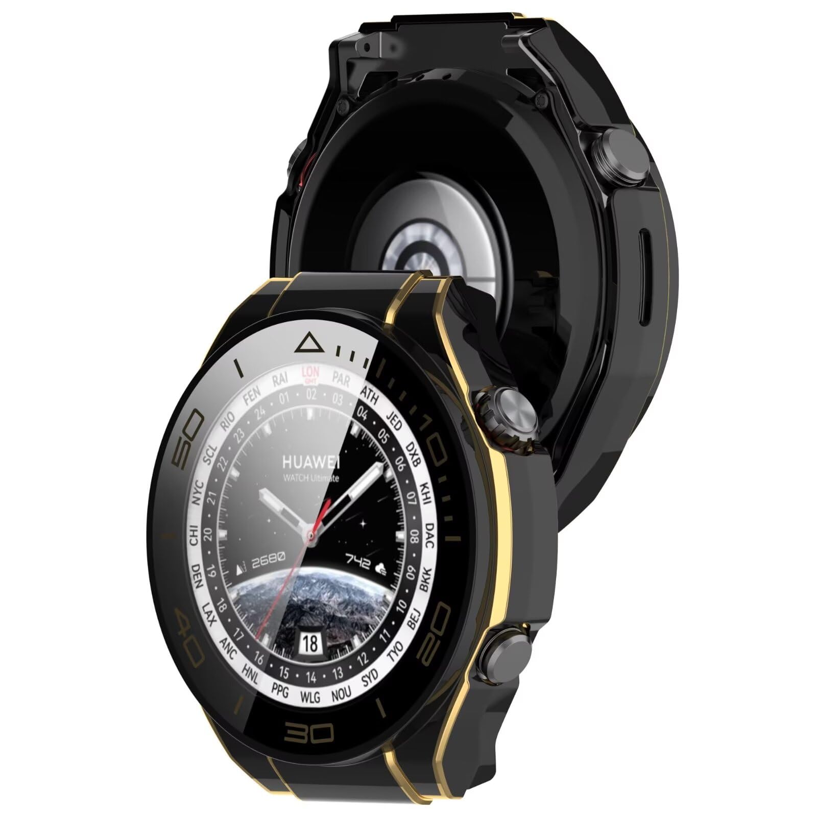 YKNIUFLY Etui kompatybilne z Huawei Watch Ultimate, folia hartowana na ekran, zintegrowana, zapobiegająca upadkowi, etui ochronne na zegarek, kompatybilne z Huawei Watch Ultimate. (czarno-złote)