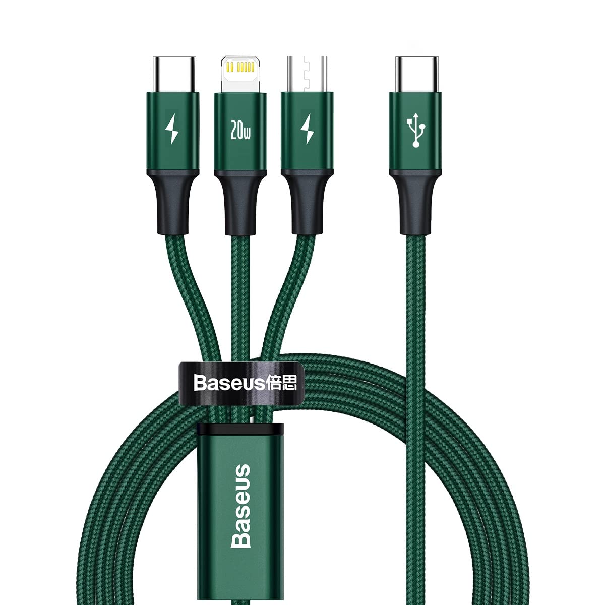 Baseus PD 20W Multi Charging Cable, 3-in-1 Cable from USB C to Lightning, Type C & Micro USB Port, Nylon Braided Data Transfer Cable for iPhone 15/14/13/12/11 Pro Max, iPad, Samsung etc (1.5M) – Green