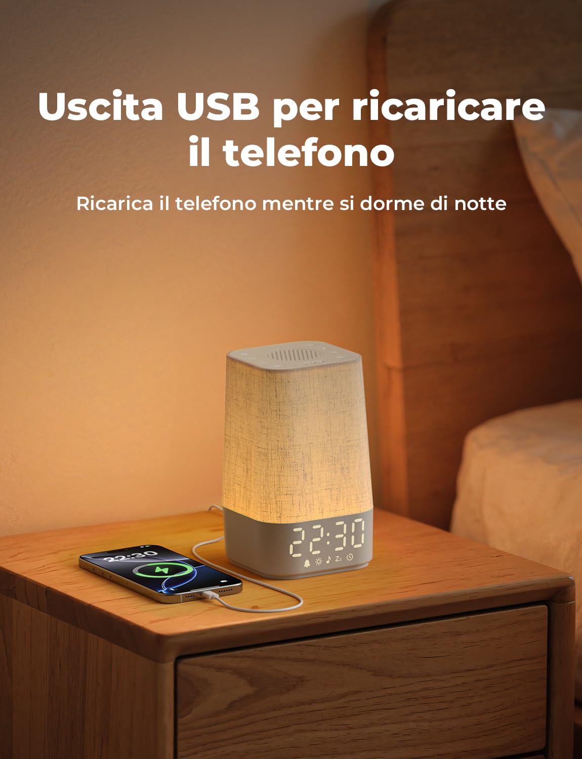 LIORQUE Sveglia Luminosa, Lampada da Comodino con Sveglia, Simulazione dell'alba, 13 Livelli di Luminosità, 10 Tracce di Rumore Bianco e 20 Melodie Della Natura, Funzione Sveglia e Snooze