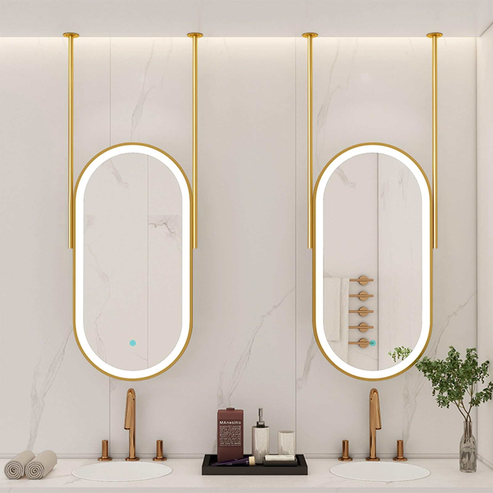GLJTUO Oval Wall Mirror Bathroom Hanging Rod with 3 Colors Lights, LED Vanity Make-up Ceiling Mounted Gold Metal Frame,size_name-40cmx70cm
