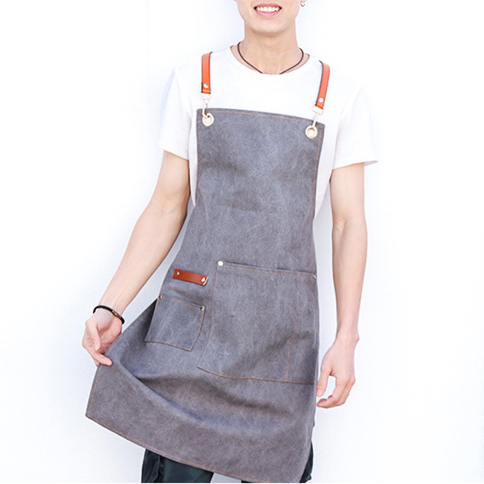 Tabliers, Tabliers de chef for hommes et femmes avec grandes poches, tablier travail réglable en denim à dos croisé, taille M XXL, gris