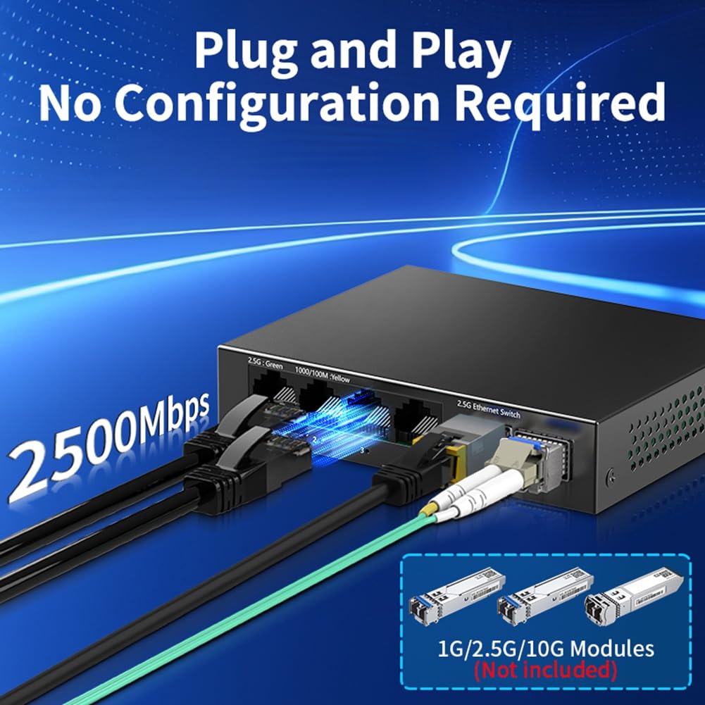 Switch 2,5 Go Commutateur Réseau Non Géré 4 Ports 2,5G avec 2 Ports 10GbE SFP+ Slot Configuration à Domicile Prise de Commutateur Ethernet Prise UE