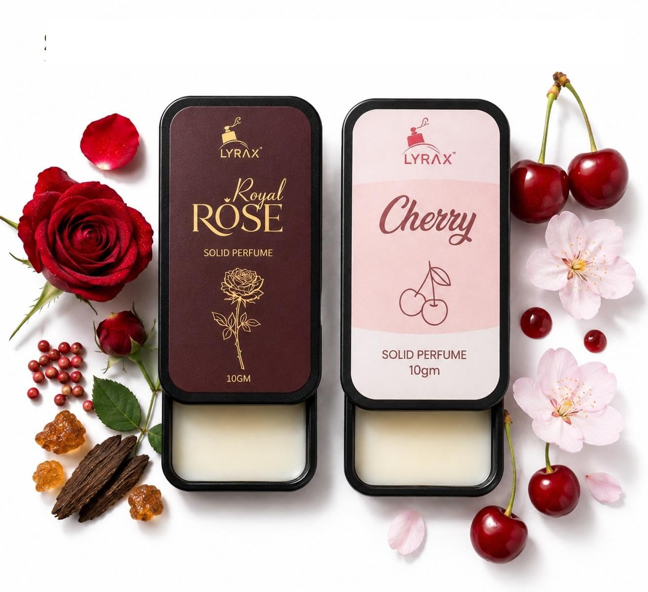 lyrax royal rose & cherry solid perfume combo for men & women 20g | 2 fragrance combo | solid perfume | 10g each | pocket size | travel friendly