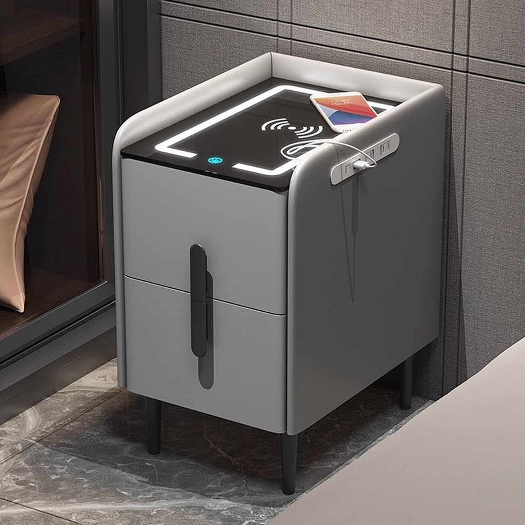 ASerZenith Smart Nightstand With Charging Station And Usb Ports,Bedside Tables With Adjustable Led Lights, W/3 Drawers,Dark Grey-30Cm/11.8In