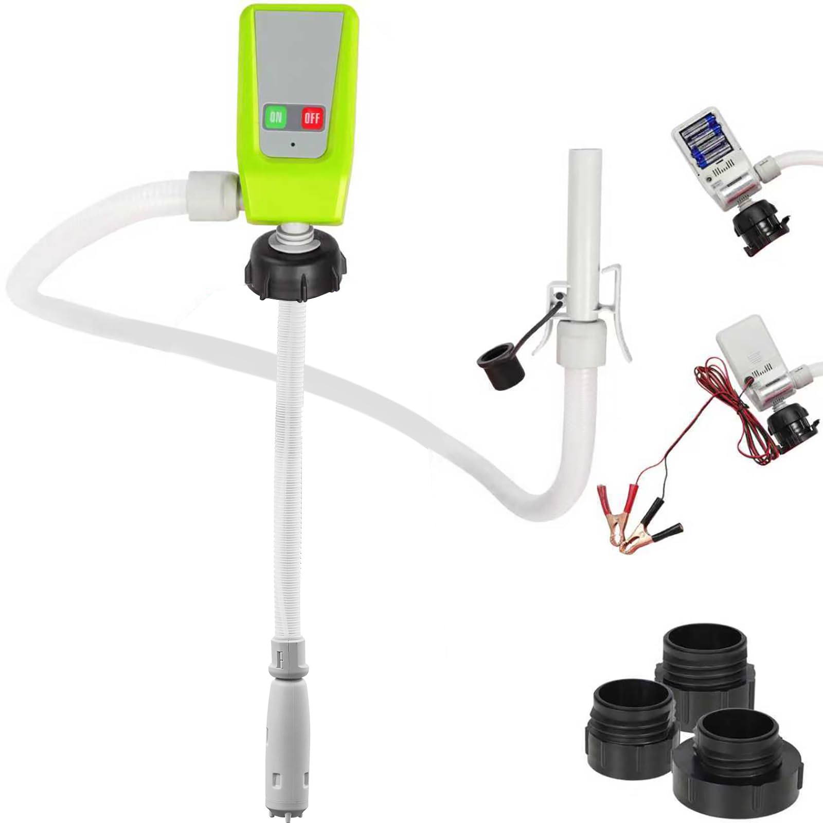 Humberto Fuel Transfer Pump, Auto-Stop Gas Can Pump, 3.2GPM, AA Battery/DC 2 Power Modes, 3 Adapters for Most Gas Cans, Extra Long Hose, Portable Gas