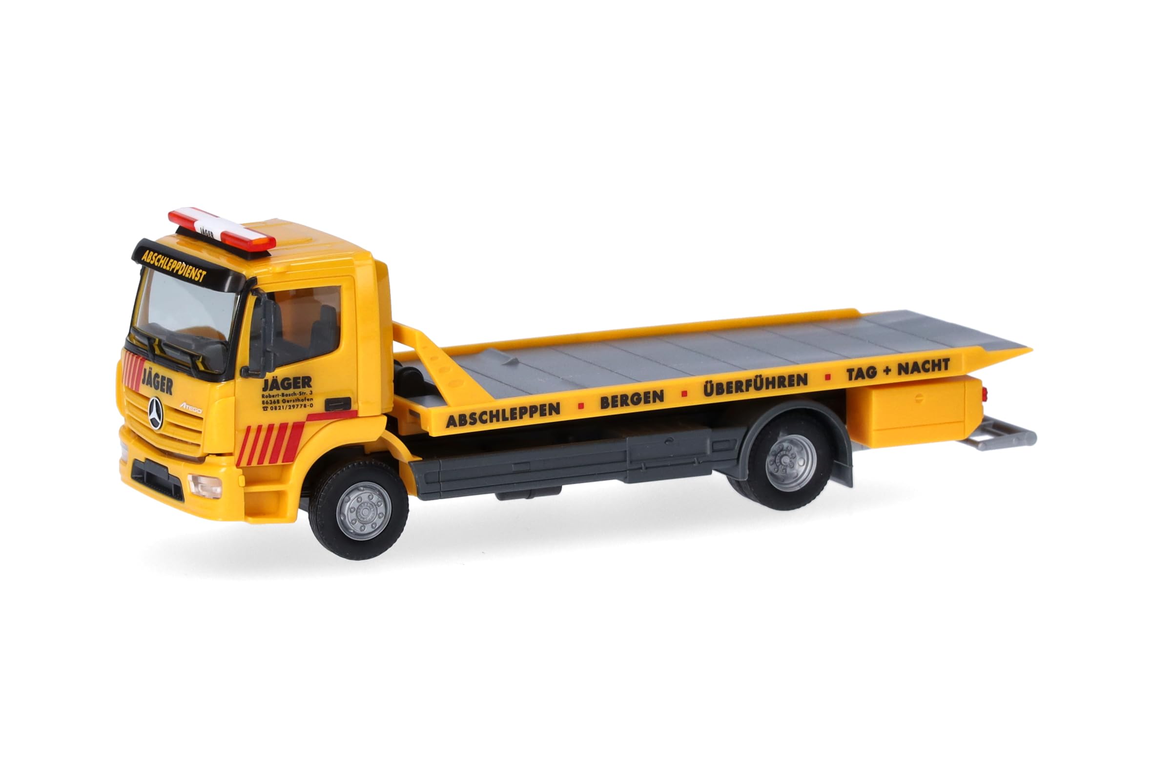 Herpa truck model Mercedes-Benz Atego 13 flatbed tow truck “Jäger”, on a scale of 1:87, plastic miniature, made in Germany, collectors edition