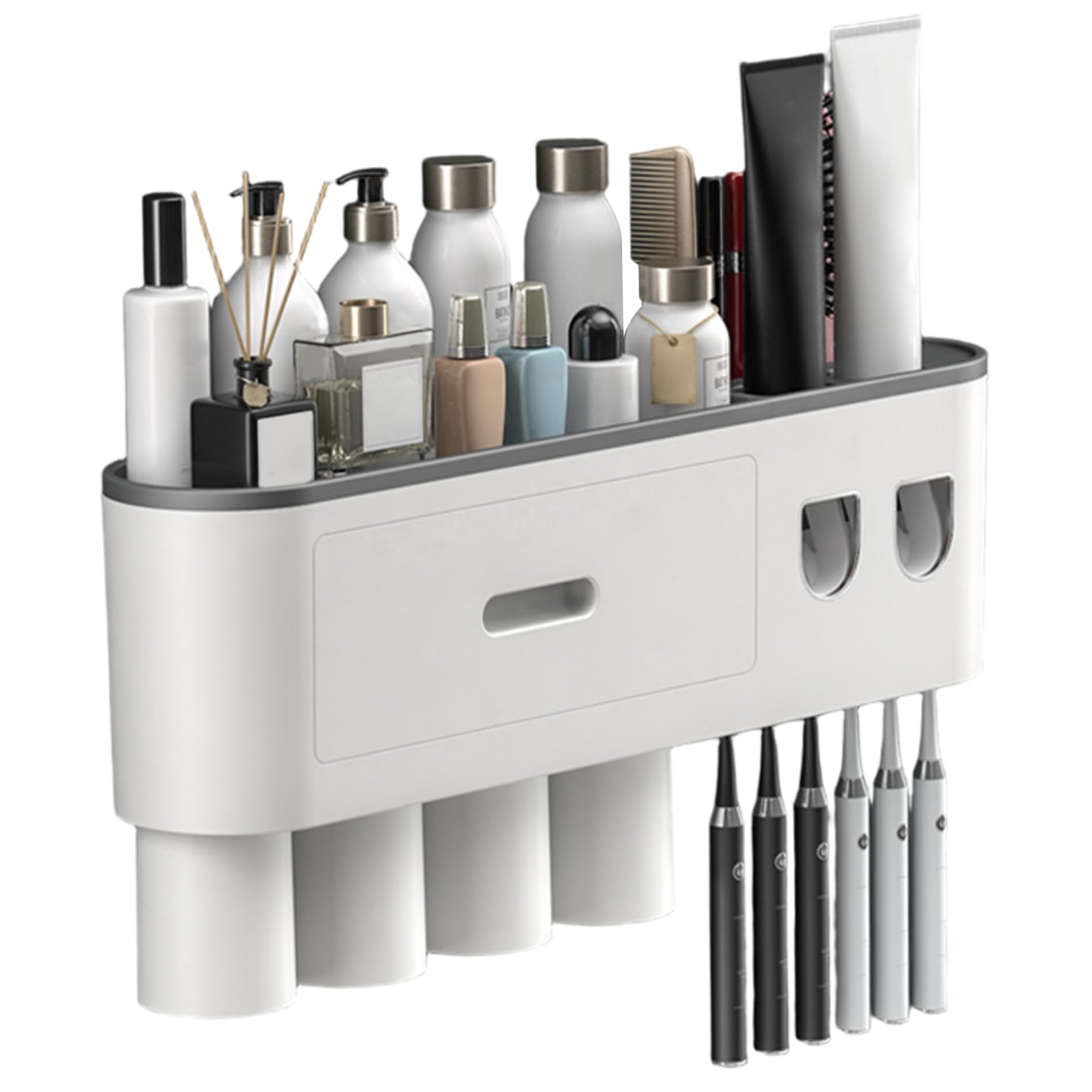 Dispensador automático de pasta de dientes con 4 tazas, soporte para cepillo de dientes montado en la pared, sin taladro, estante organizador de baño, ABS duradero, solución de almacenamiento gris