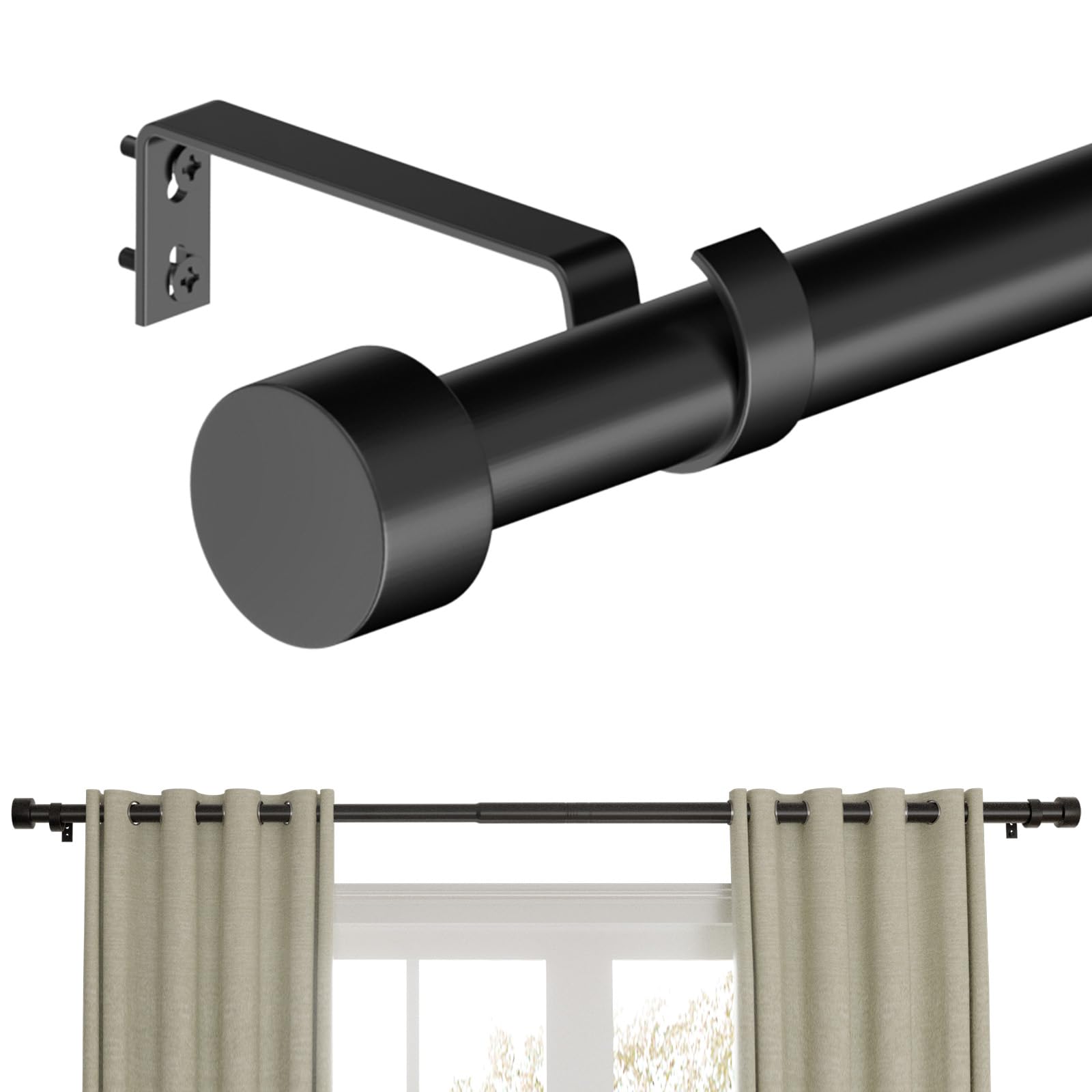 Photo 1 of Curtain Rods for Windows 32 to 168, 1 Inch Black Curtain Rod Set, Heavy Duty Drapery Rods with Adjustable Curtain Rods, Outdoor Modern Curtain Rod with Simple End Caps, Black 32"-168" Black
