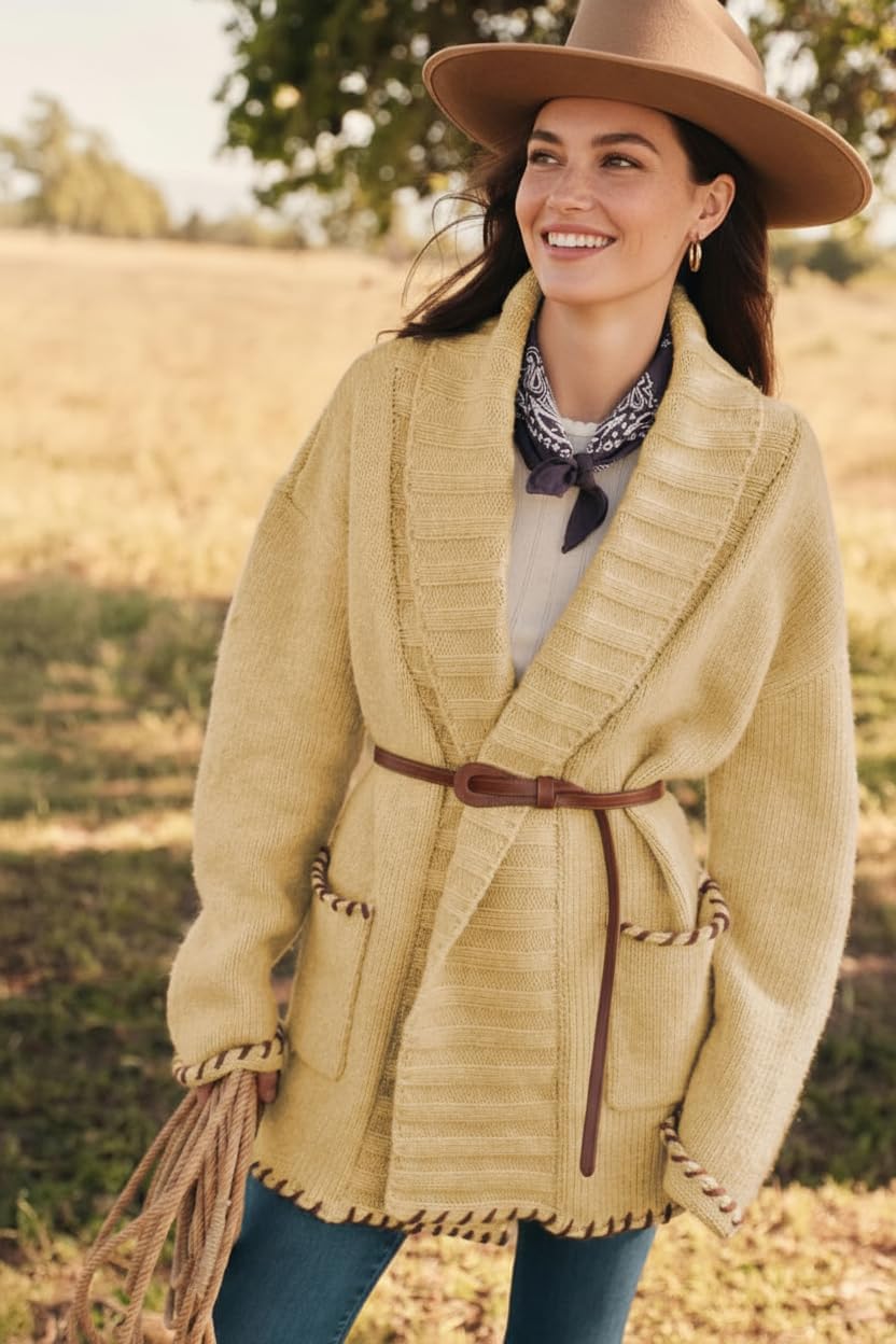 VAOYIU Women's Elegant Knit Cardigan Shawl Collar Versatile Soft Outerwear with Pockets and Stitched Details - Image 3