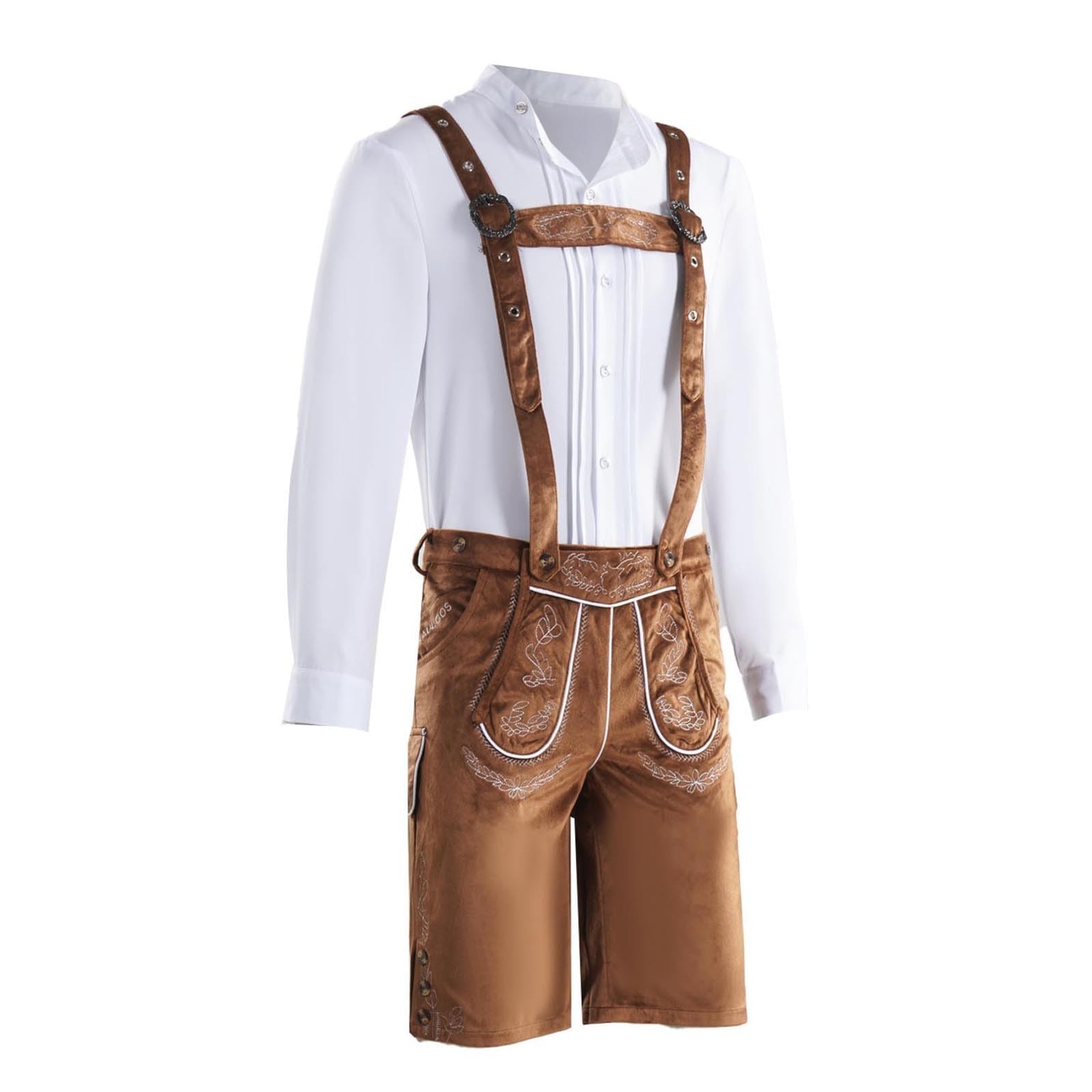 Lederhose Herren Tracht Set, Lederhosen Outfit Oktoberfest, Traditionelle Kniebundhose Lang+ Trachtenhemd Männer Trachtenhose M.träger Kariertes Deutsches Bayerisches Oktoberfest-Kostüm Set Für Herren