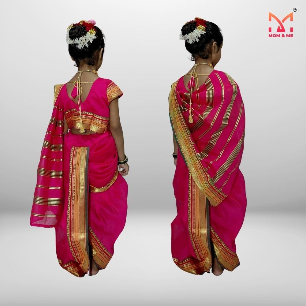 Mom and Me Girls' Ready-to-Wear Mastani Nauwari Saree with Stitched Blouse | Traditional Maharashtrian Ilkal Border | Soft Acrylic Cotton | Age 12 Months to 15 Years (Pink, 7-8 Years) - Image 3 thumbnail