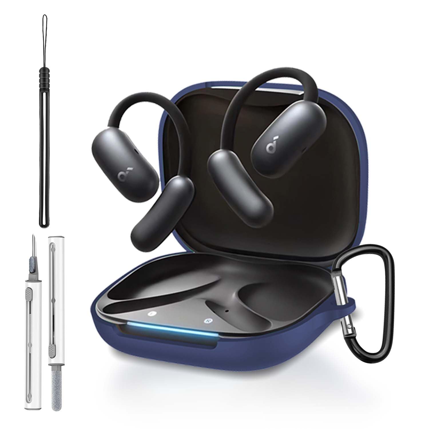 for Anker Soundcore AeroFit 2 Case Cover, Full Protective Silicone Skin Cover for Soundcore AeroFit 2 by Anker,with Keychain & Lanyard and Cleaner Kit, Front LED Visible, Blue