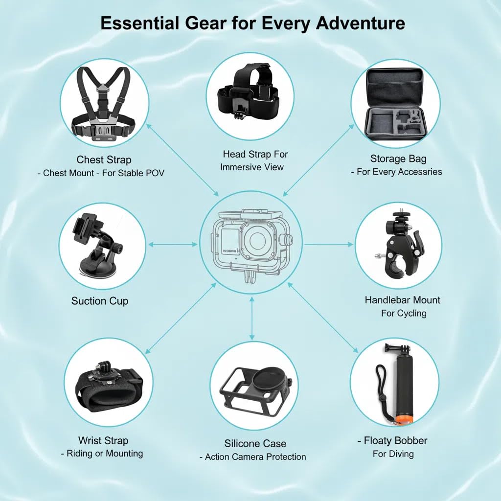 Kit accessori compatibile con DJI OSMO Action 6, custodia impermeabile, pellicola protettiva in vetro temperato, manico bobber galleggiante, grande borsa per il trasporto, supporto per torace/testa