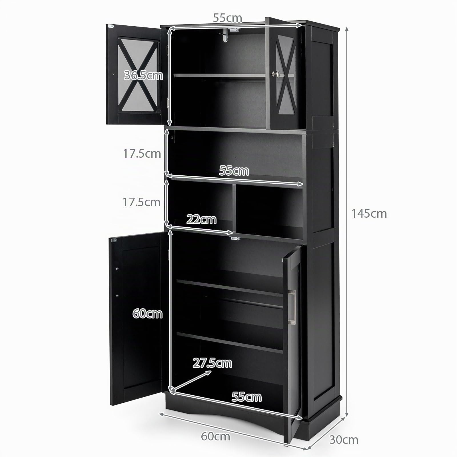 LIFEZEAL Badezimmerschrank Hoch, Freistehender Badschrank mit 4 Türen, Hochschrank mit verstellbaren Regalen, Küchenschrank Organizer für Küche, Bad, Wohnzimmer, 60 x 30 x 145 cm (Schwarz)