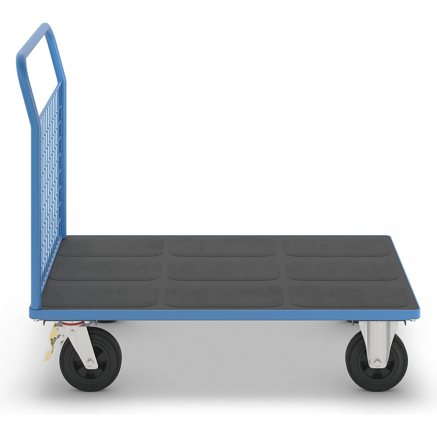 eurokraft | Plattformwagen | 1 hohe Gitter-Stirnwand | LxB 1250 x 800 mm | Vollgummireifen