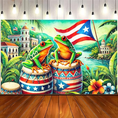 Image of BlissYard Puerto Rico Banner 71 x 43 Inches Tropical Frog Drum Flag Backdrop Puerto Rican Festival Party Decoration Caribbean Culture Wall Hanging for Fiesta Parade Home Outdoor Decor