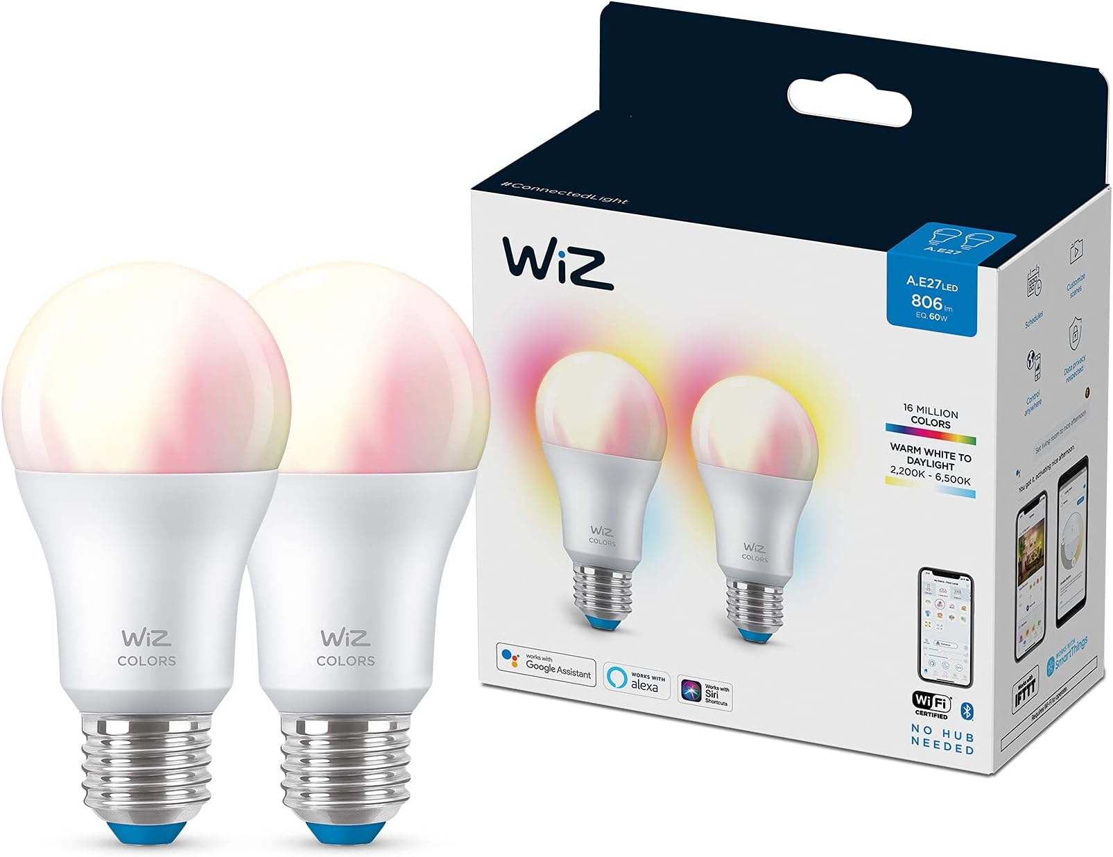 Colour [E27 Edison Screw] Smart Connected WiFi Light Bulb 2 Pack. 60W Colour and White Light, App Control for Home Indoor Lighting, Livingroom, Bedroom.