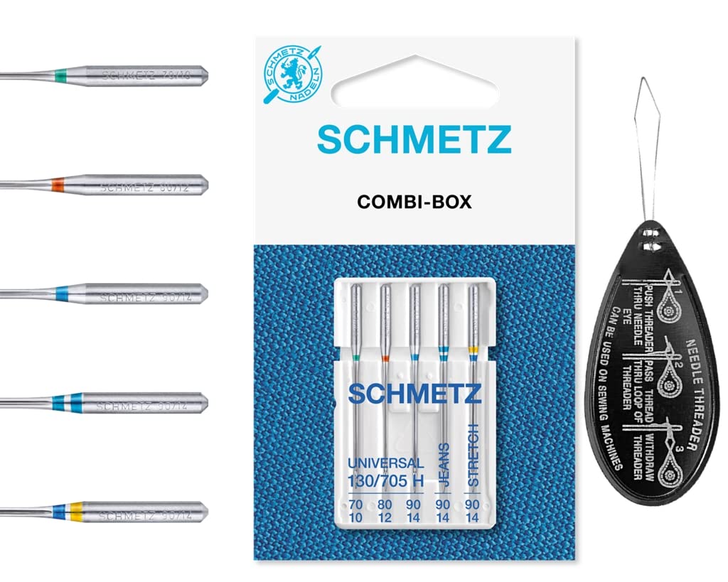 Combi-Box Combination Pack of 5 Universal, Jeans/Denim & Stretch Sewing Machine Needles, Includes Large Needle Threader