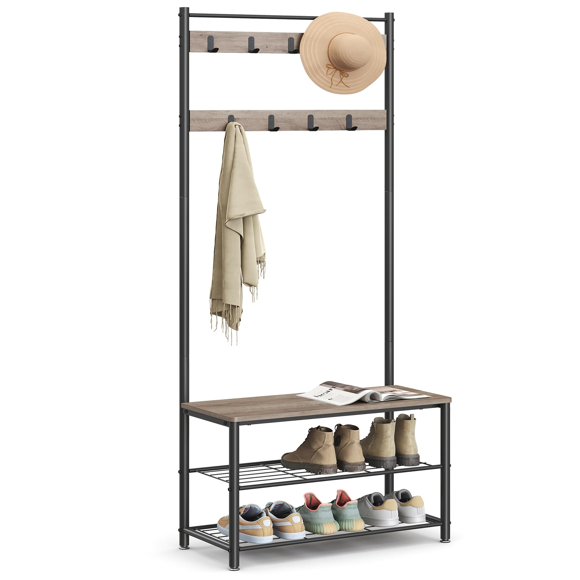 VASAGLE 3 in 1 Coat Stand with Shoe Rack, Furniture for Entrance with Bench, Steel Frame, Entryway, Hallway, 32 x 70 x 175 cm, Industrial Style, Grège and Black HSR41MB