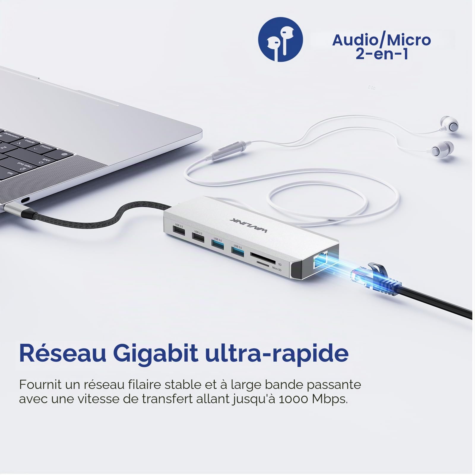 WAVLINK Dock USB C, Stations d'accueil pour Ordinateur Portable 12 en 1 à Triple Affichage avec Dual 4K DP, 4K HDMI, 100W PD, Gigabit Ethernet, 2 USB3.0, 2 USB 2.0, Lecteur de Carte SD/TF, Mic/Audio