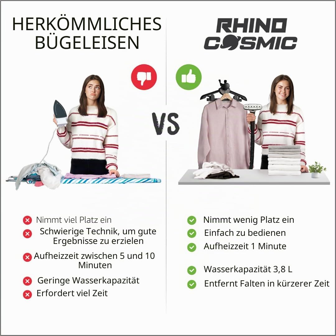 RHINO COSMIC Vertikaler Steamer & Dampfglätter Reise 2350 watt (50 g/min) - 3,8 L Wassertank - 4 Leistungsstufen - 75 Minuten Akkulaufzeit – Bereit in 60 Sekunden - Mitgeliefertes Zubehör