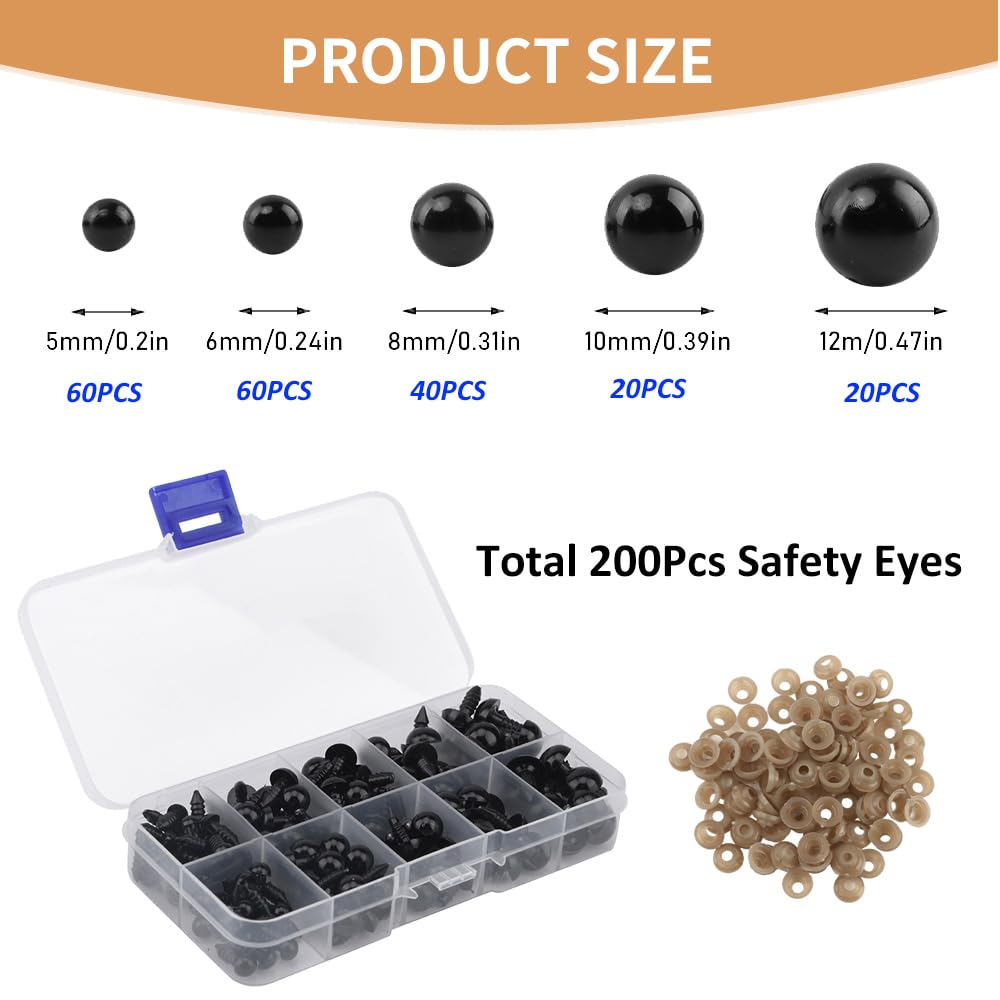 60 Occhi Di Sicurezza Per Animali All'Uncinetto | 12mm, Con Rondelle | Nero | Per Bambole, Peluche - Foto 9
