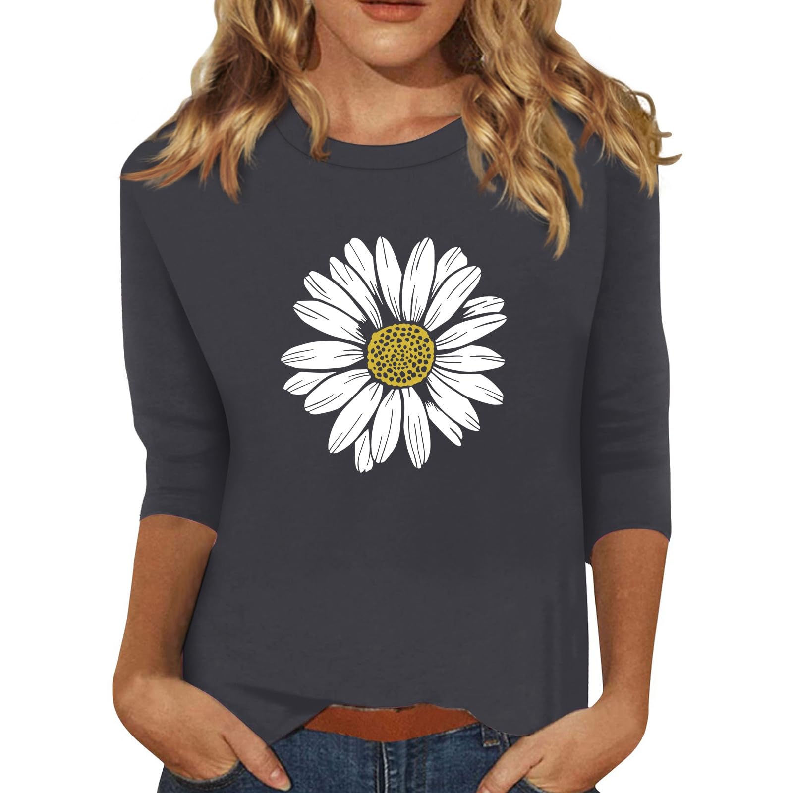 Casual Plus Size Cotton 3/4 Sleeve Basic Tshirt Women 3/4 Length Sleeve Blouse Summer Trendy Crewneck Comfy Fit Top