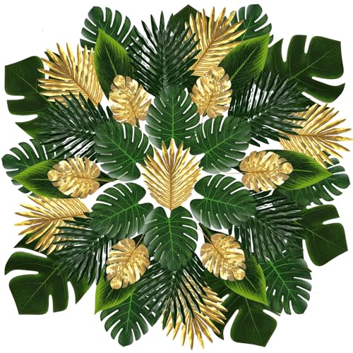 OMIGA Feuille de Palmier 60 Pièces Artificielle Set de Table Feuille Decoration Monstère Jungle Decoration Anniversaire Tropical pour Luau Hawaïen (Vert/Or)