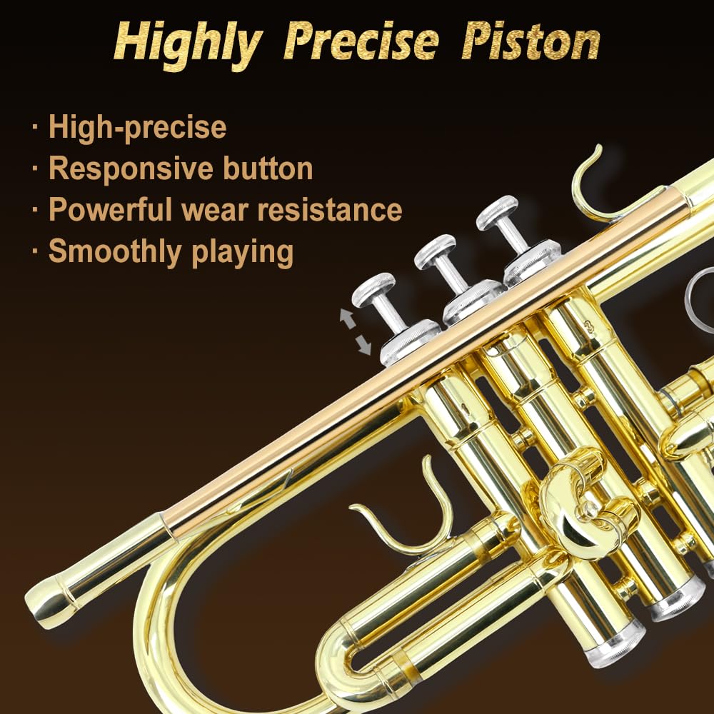 Standard Bb Trompete Set für Anfänger, Studenten Trompete, Messing Trompeteninstrument, B Flat, mit 7C Mundstück, Reinigungstuch, Handschuhe und Hartschalenkoffer (Gold)