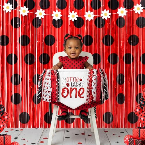 Image of Tiamon 2 Pack Ladybug Party Decorations 3.3 x 6.6 Ft Foil Fringe Curtains Backdrop Black and Red Polka Dots Tinsel Streamers Photo Booth for Baby Shower Birthday Party Supplies