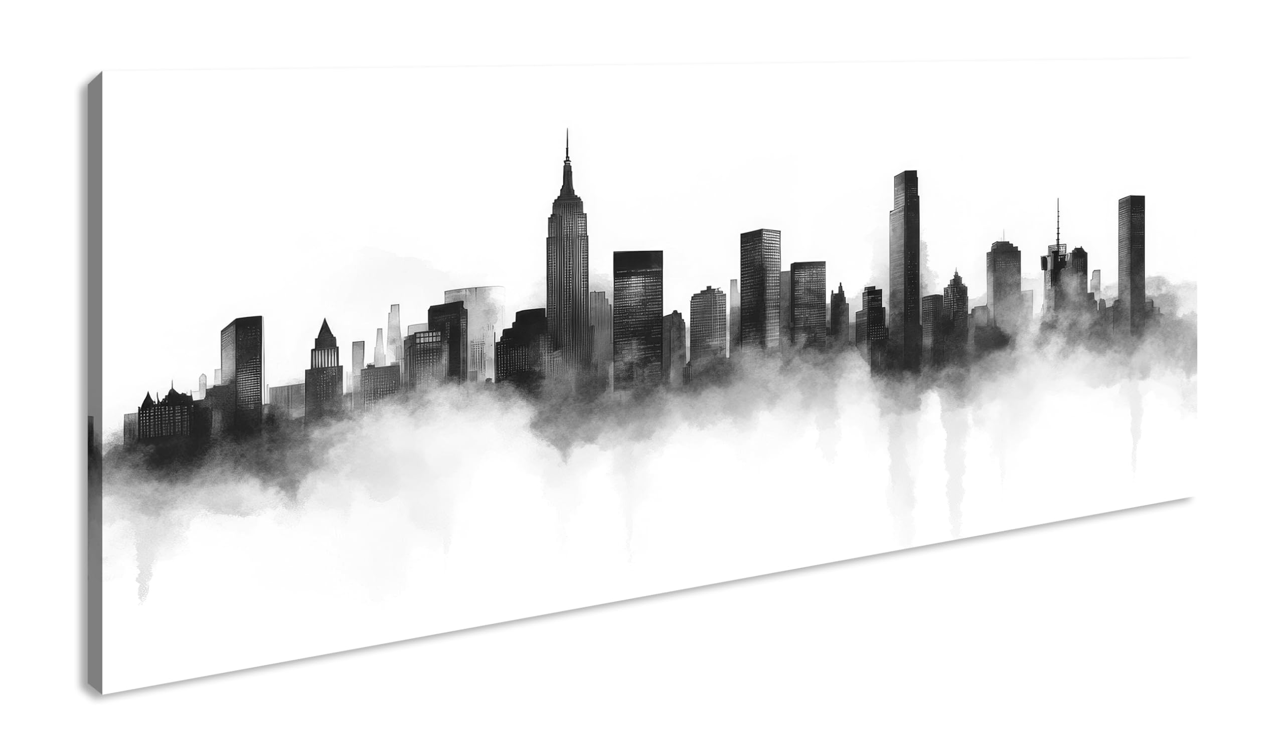 Schwarz-weiße Skyline, in Nebel gehüllt, zeigt urbane Eleganz Panorama 120x60cm Effekt:Schwarz&Weiß XXL Kunstdruck Motiv auf Holzrahmen/Leinwandbild/Wandbild/Wohnzimmer Dekoration