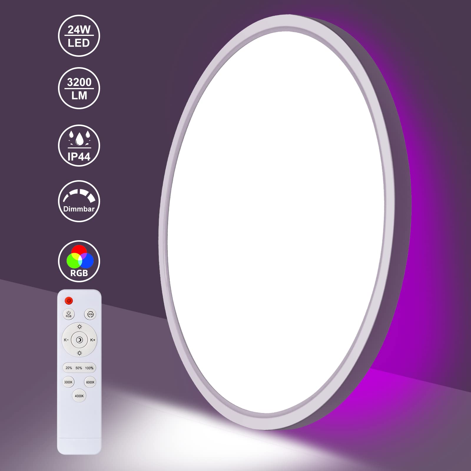 Luz de techo LED, con control remoto, luz ajustable 24w 3000k - 6000k, luz impermeable ip54, con retroiluminación rgb 7, adecuada para baño, cocina, vestíbulo, dormitorio, habitación infantil