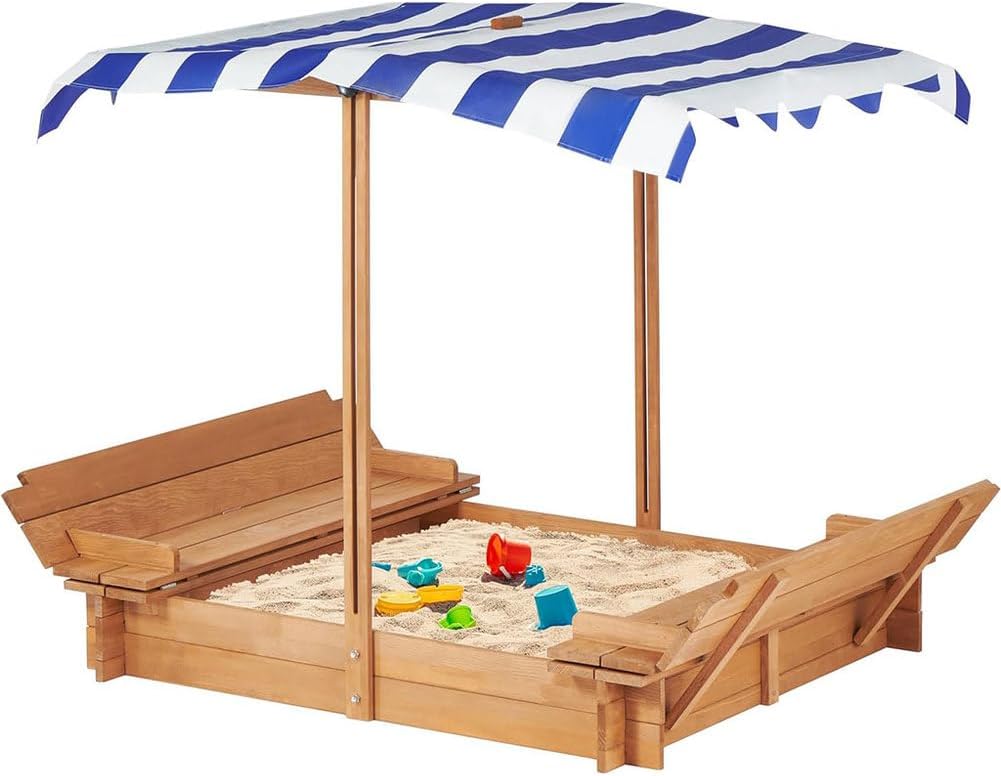 Wood Sandbox with Cover, Children Outdoor Wooden Playset with 2 Foldable Bench Seats, for Aged 3-8 Years Old, Sand Box for Backyard Garden, Beach Patio Outdoor (Natural Wood)