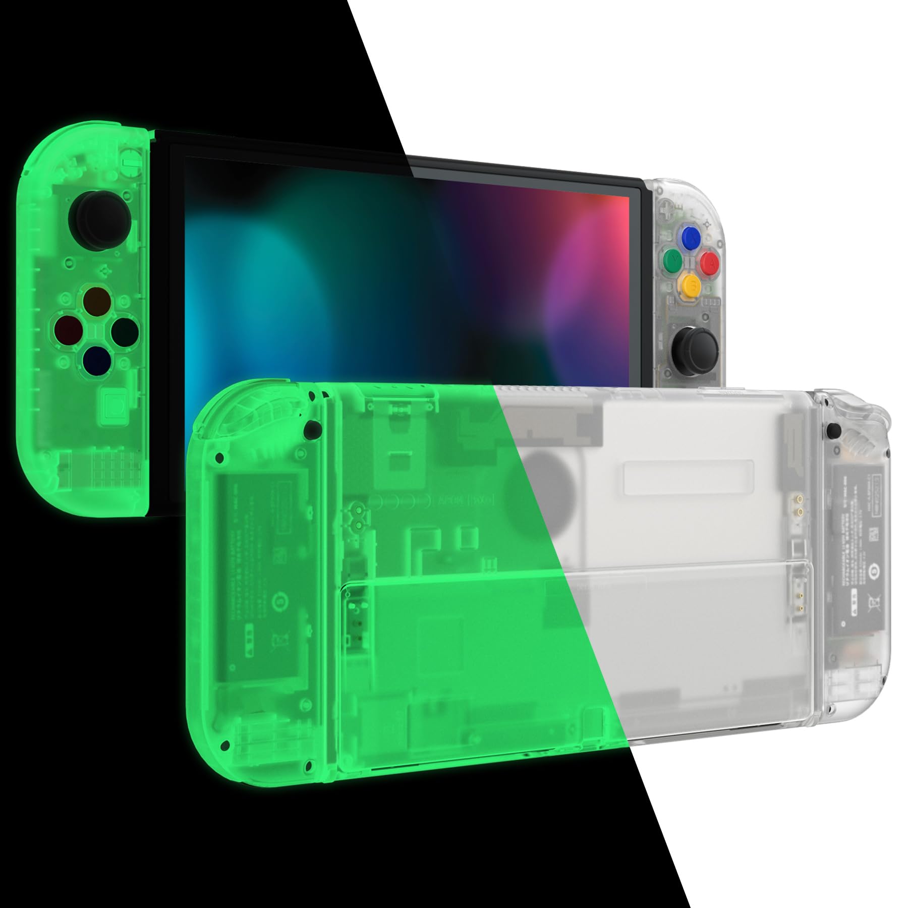 eXtremeRate Cover Pulsanti Tasti Ricambio per Nintendo Switch OLED Console Joycon,Custodia Posteriore Controller Scocca Supporto Shell KickStand per Nintendo Switch OLED-Trasparente Illuminare