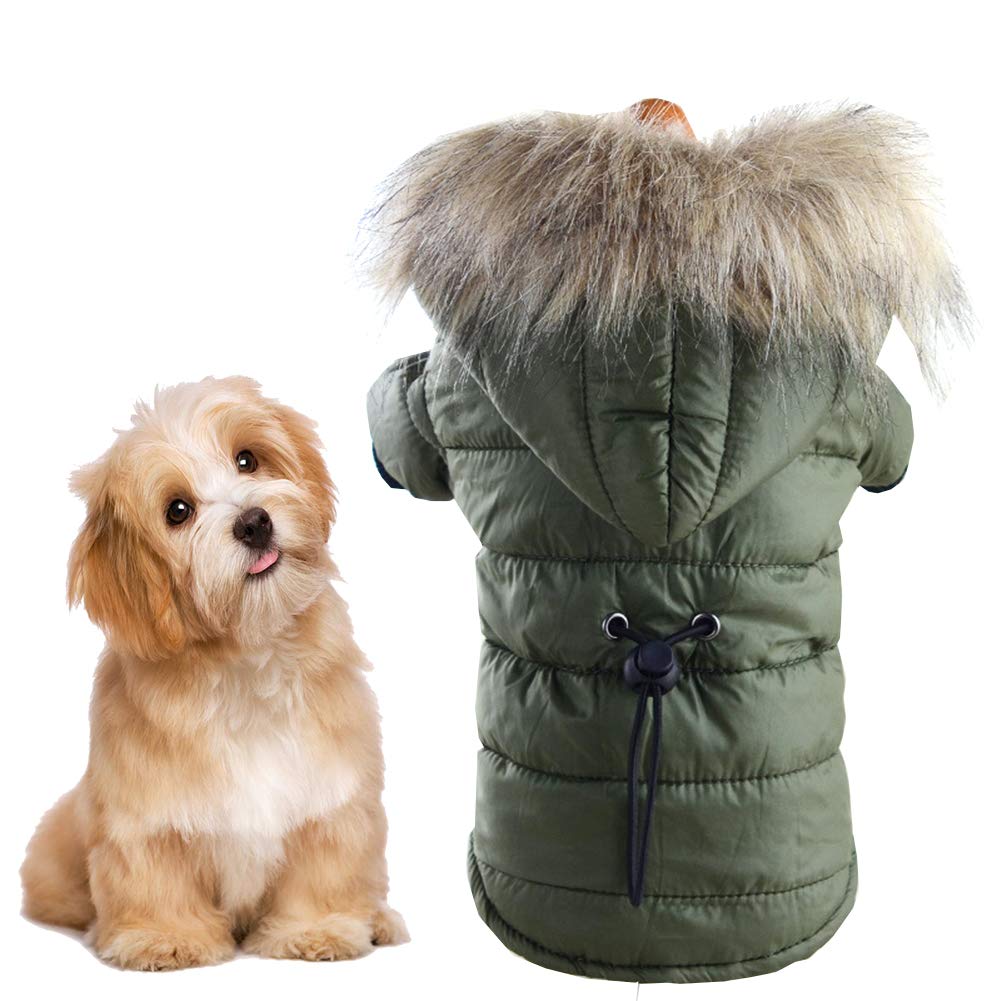 STKJ Pet Parka Coat Winter, Pet Cotton Padded Down Puffer Jacket, Dog Hooded Windproof Faux Fur Outwear, Puppy Two-Legged Coat,Green,L