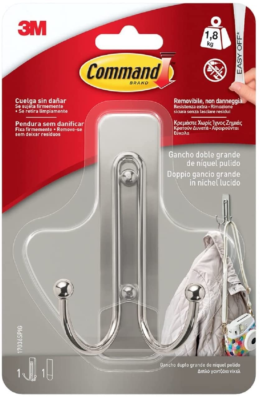 Command3M 17036 Polished Nickel Large Double Hook, 1 Hook, 1 Strip