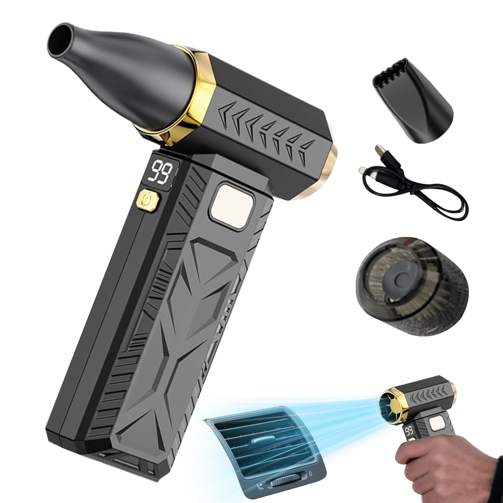 Cordless Air Duster, USB Rechargeable Dust Blower with 3-Gear Turbine Fan, Handheld Cleaning Tool for Keyboard Electronics Car Detailing Lawn Barber Hair Workplace Use 7.09 Inches