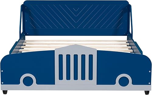 Miniatura 180 de Cama de plataforma en forma de auto de carreras con ruedas, cama de plataforma de madera tamaño individual con barandilla, cama de plataforma para