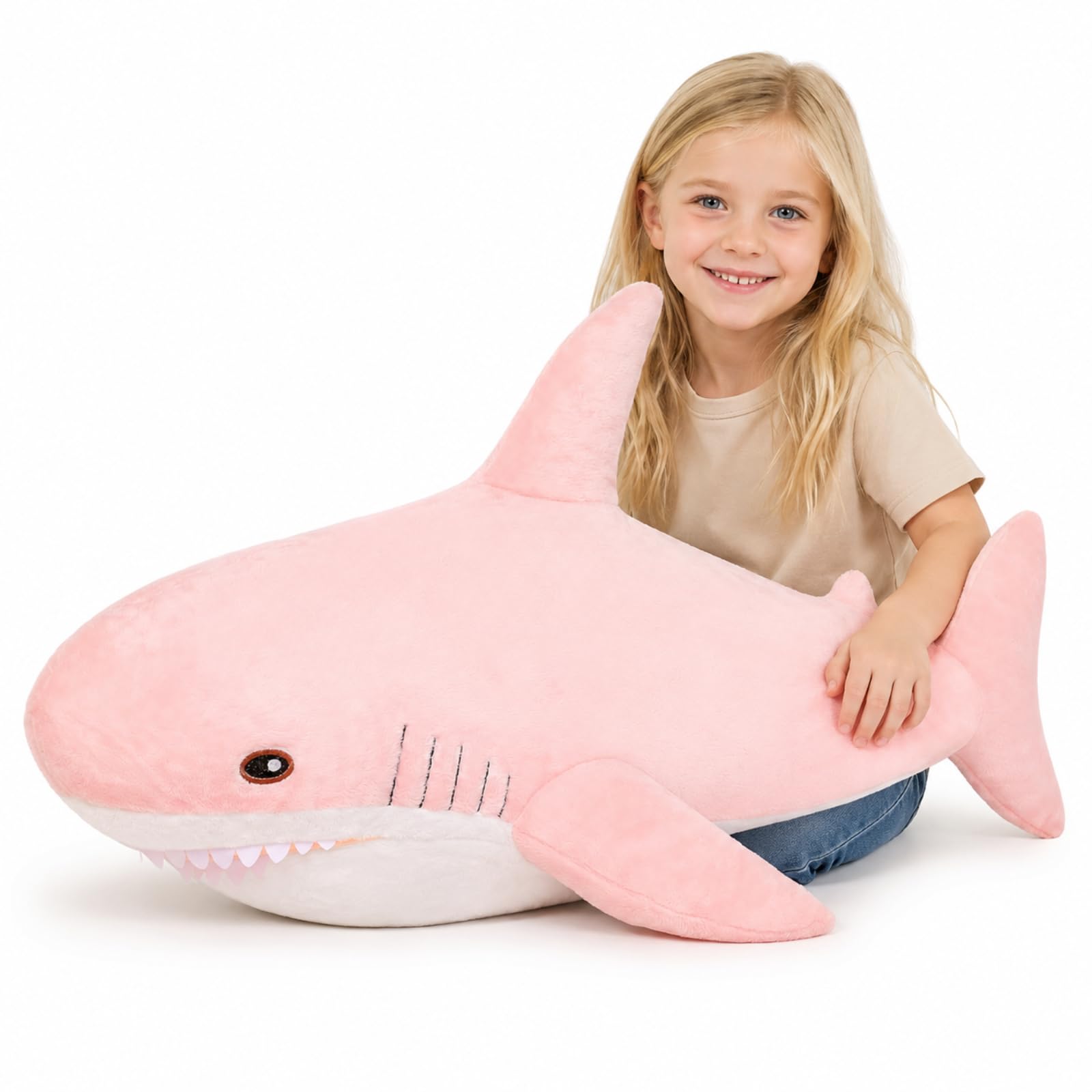 MorisMos Pink Shark Plush Toy, 40in Stuffed Animal, Giant Shark Stuffed Toy for Kids, Cuddly Plush, Birthday, Christmas Gift