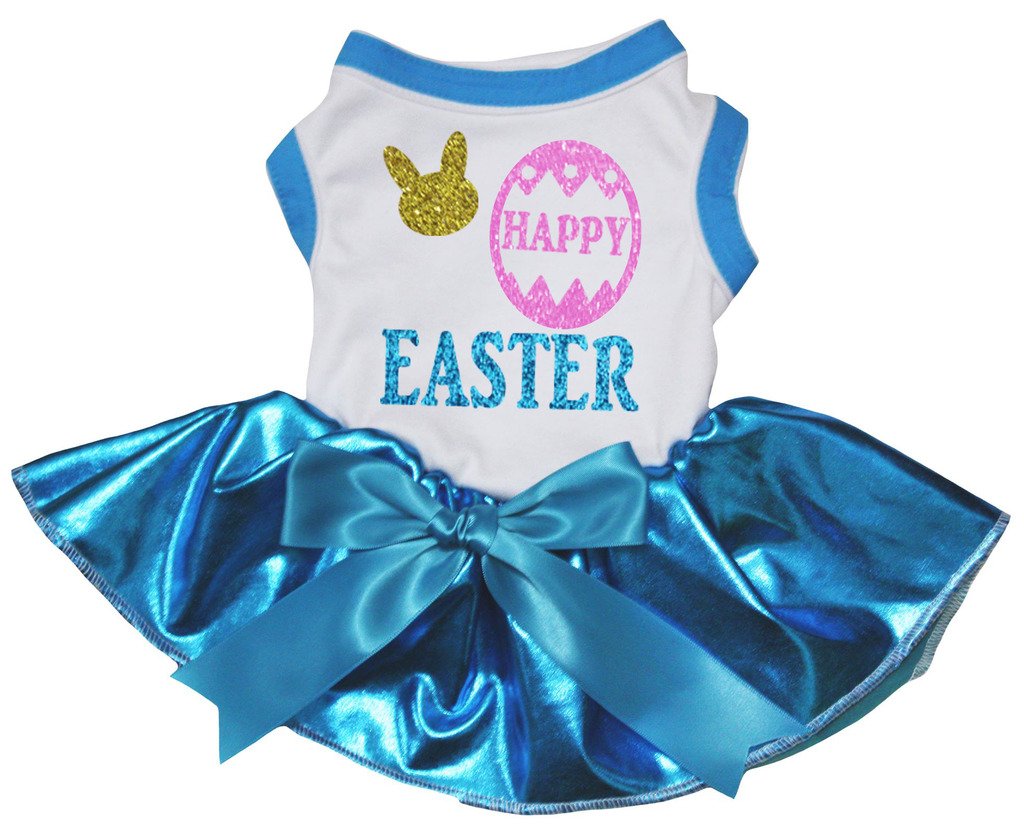 Robe tutu pour chien motif lapin | Tenue de Pâques XL en coton blanc et bleu paon