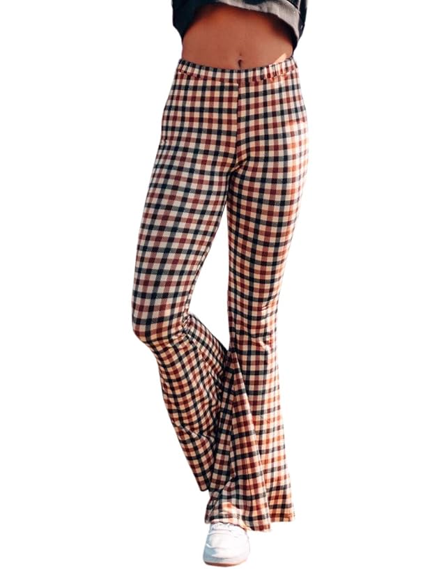 Womens Vintage High Rise Checkered Wide Leg Flare Long Work Pants High Waisted Plaid Office Bell Bottoms Trousers