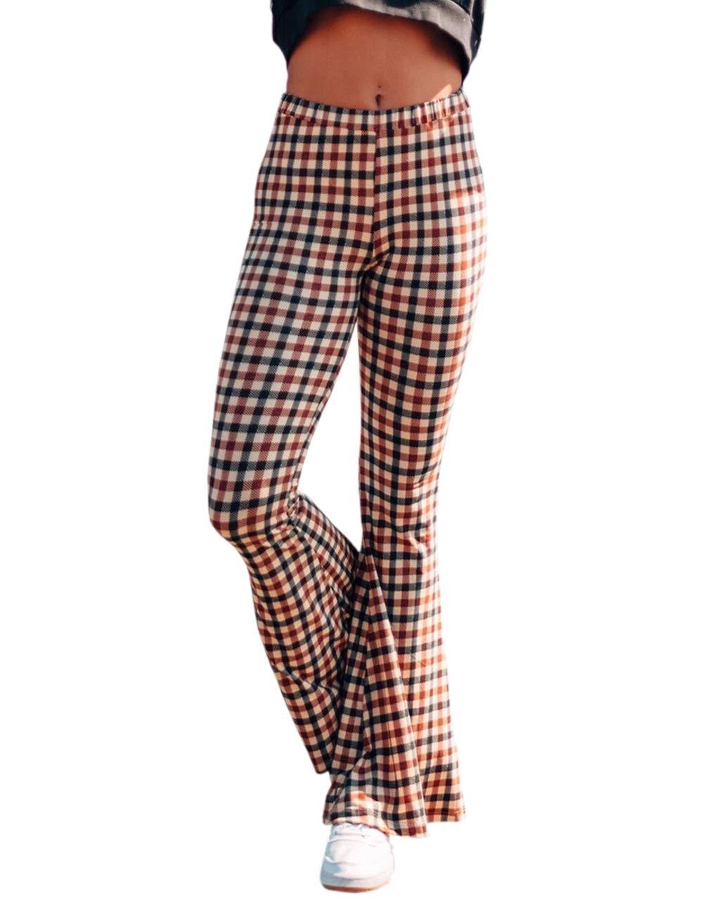 Womens Vintage High Rise Checkered Wide Leg Flare Long Work Pants High Waisted Plaid Office Bell Bottoms Trousers