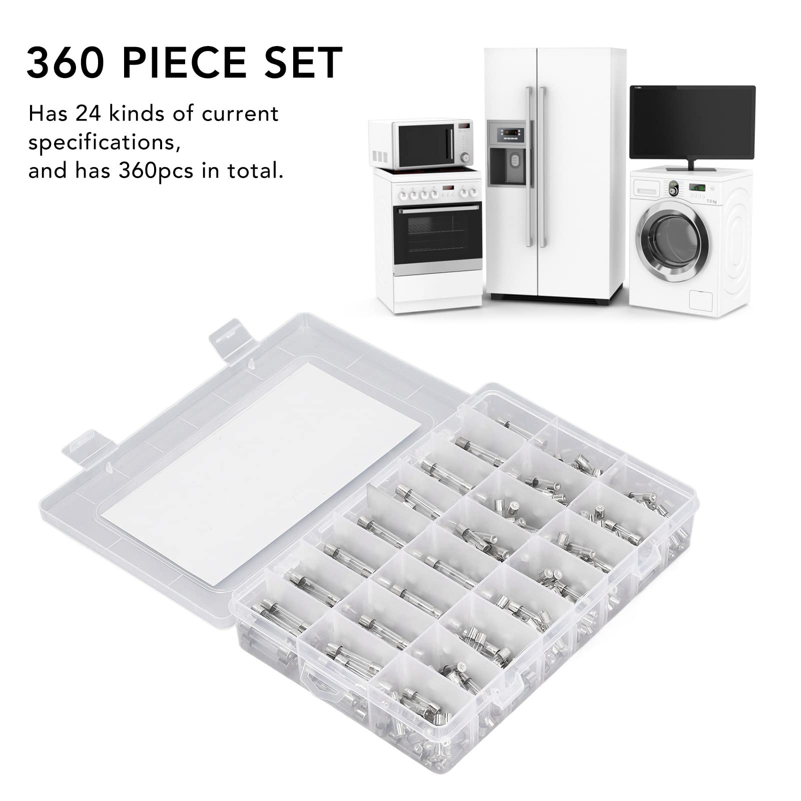 360 szt. Szklana Rurka Bezpiecznikowa 24 Typy 0,25A 0,5A 1A 2A 3A 4A 5A 6A 7A 8A 10A 15A 20A 6x30mm 5x20mm 250V Zestaw Asortymentowy