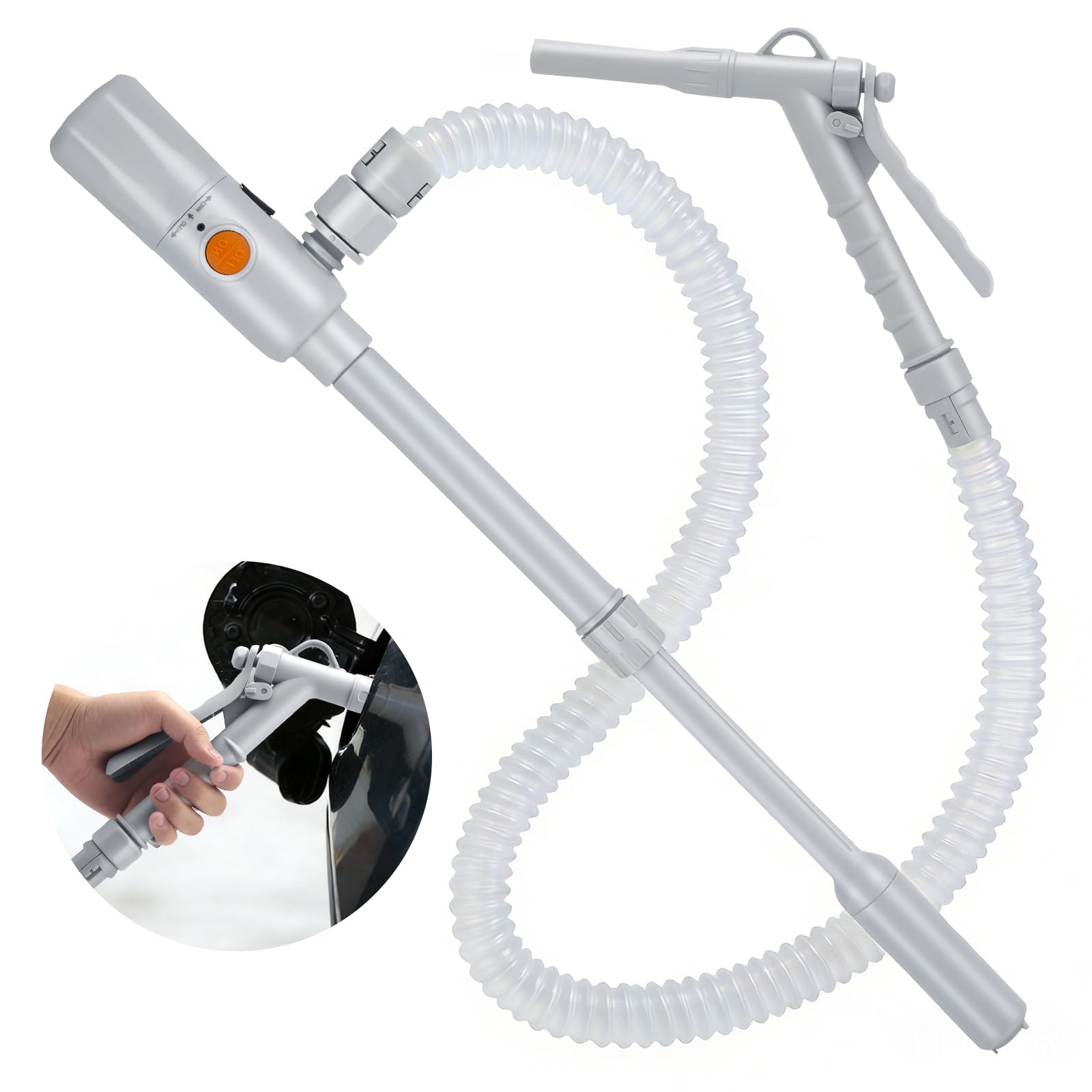 Bomba de Transferencia de Combustible 2.8 GPM con Parada Automática – Alimentación Dual USB-C/Pilas AA, Manguera Telescópica 51 Pulgadas – Portátil para Gasolina, Diésel Y Aceite