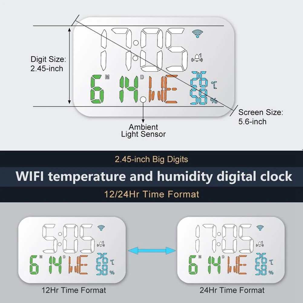 Tuya WiFi Reloj Calendario Termómetro Inteligente Higrómetro con Pantalla LED Digital Soporte WiFi Autocalibración