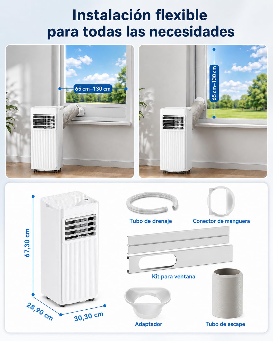 Aire Acondicionado Portátil 7000 BTU, Climatizador 4 en 1 (Frío, Ventilador, Deshumidificador 19L/D, Noche), Bajo Consumo, Silencioso, Temporizador 24H, Mando, Kit de Ventana Incluido, Blanco