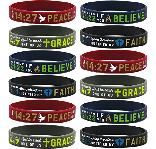 (12-pack) "Faith, Believe, Peace, Grace" Silicone Bible Wristbands - Wholesale Religious Jewelry Gifts