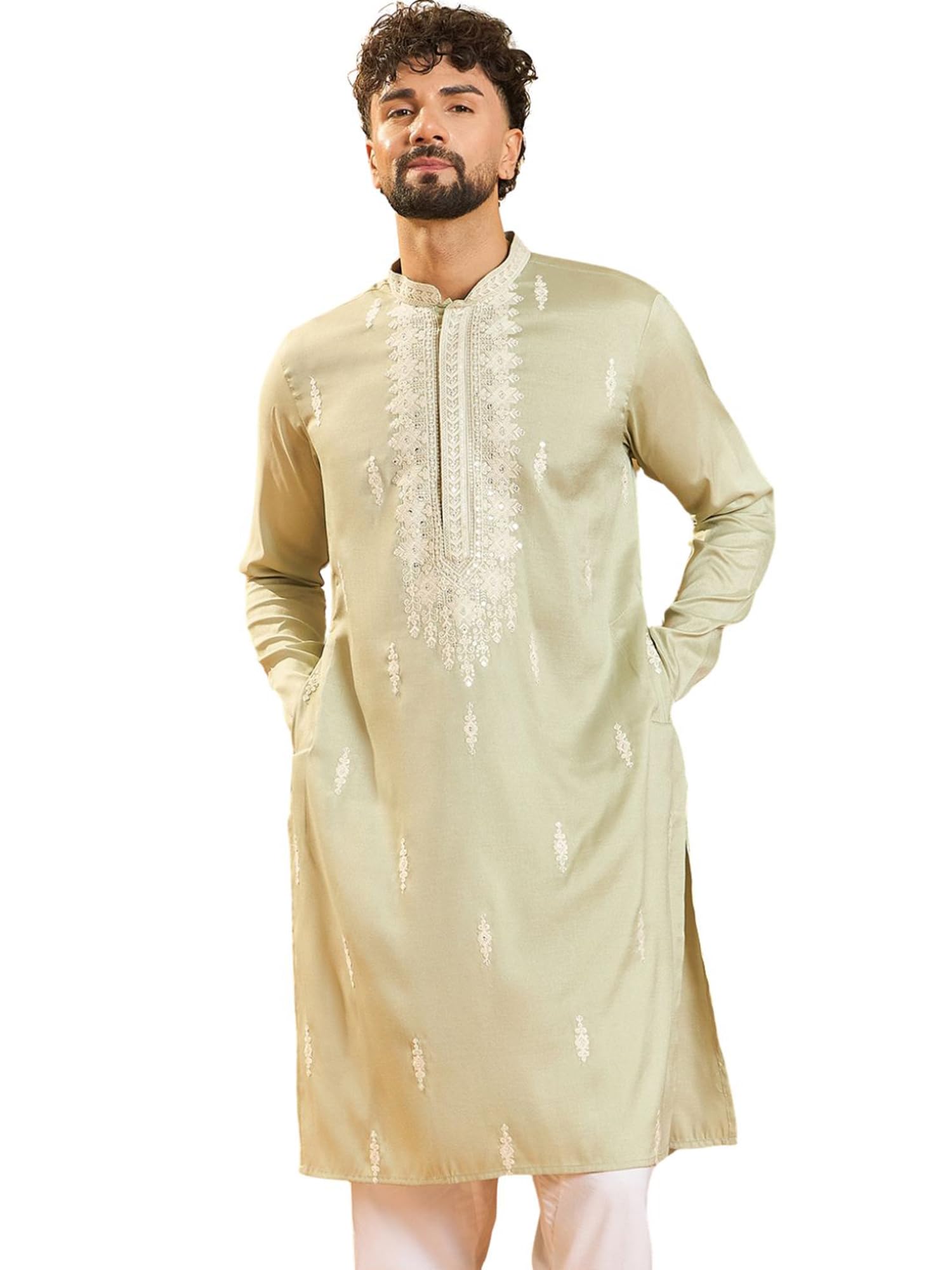 Men's Solid Silk Blend Calf Length Embroidered Kurtaset | Men | KurtaSET For MenS | Straight Fit Kurta set For Men'S-picture-19