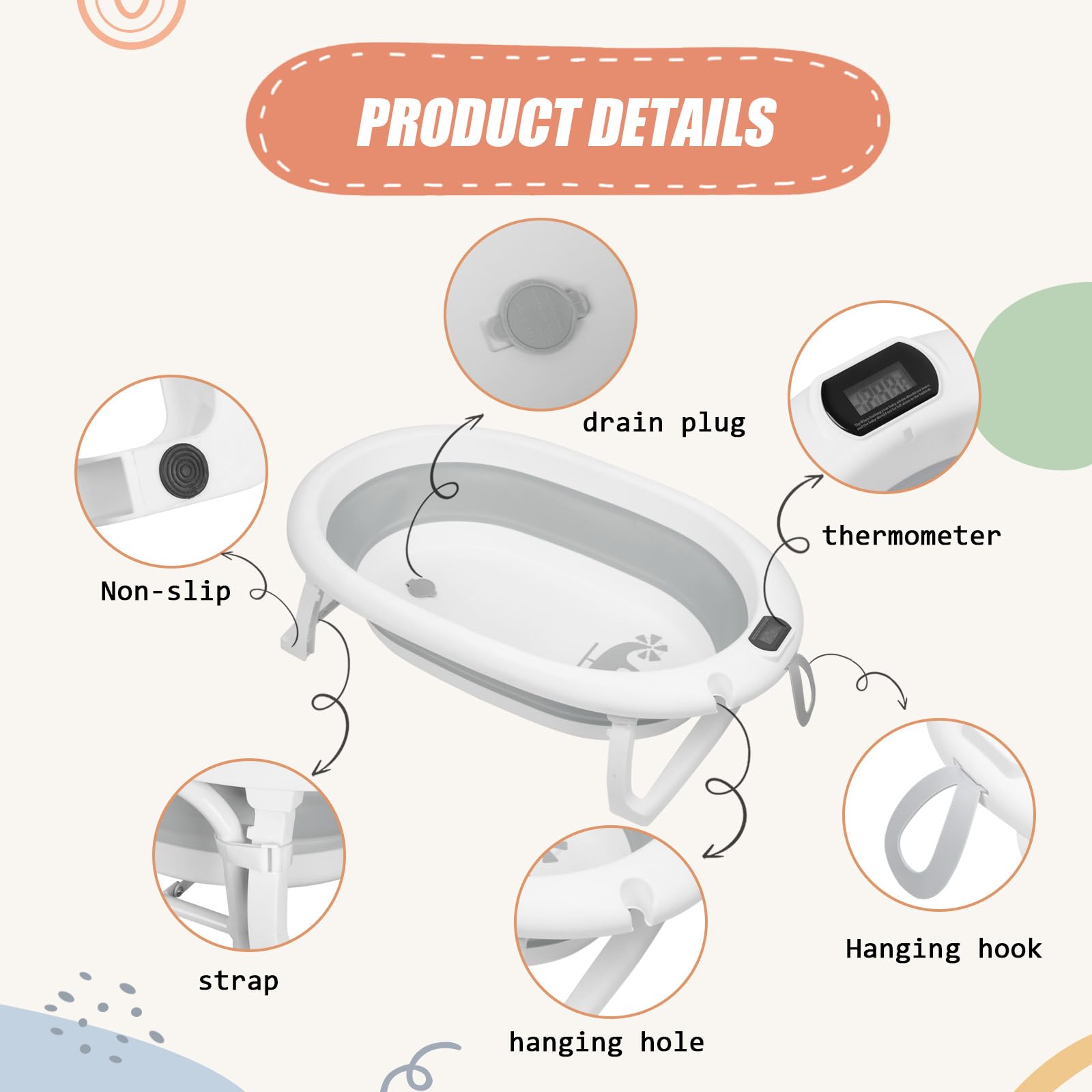 Bañera plegable para bebé, con soporte, termómetro y cojín de baño, bañera para bebé, apta para bebés de 0 a 36 meses (gris)